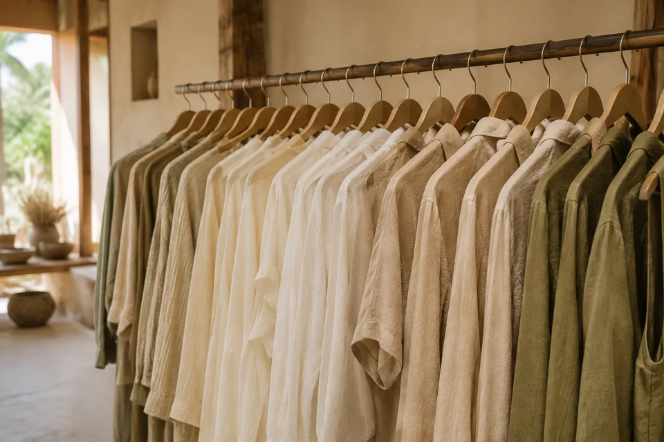 Peças organizadas em uma arara de loja de roupas