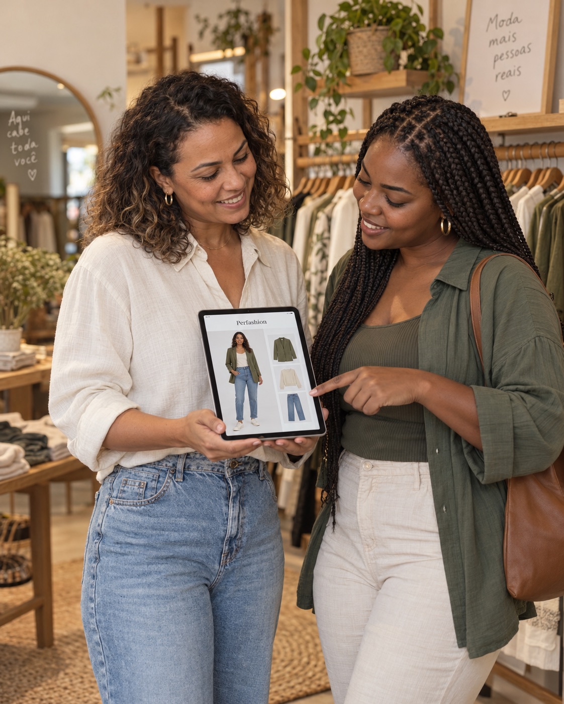 Lojista atende uma cliente e apresenta no tablet uma combinação de roupas ilustrativa da Perfashion